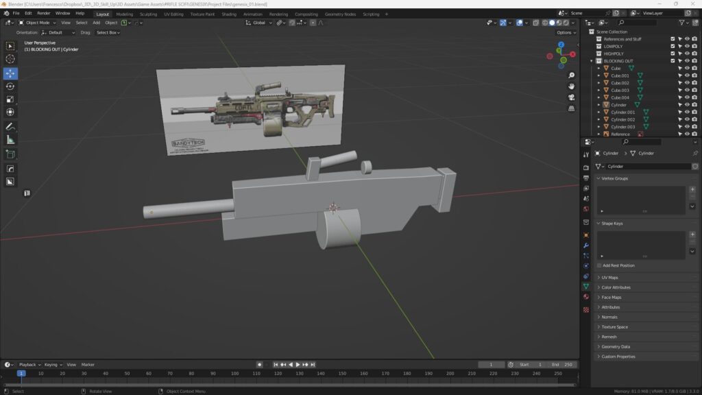 Blender 3D viewport displaying a sci-fi rifle 3D block out model in the initial design stage