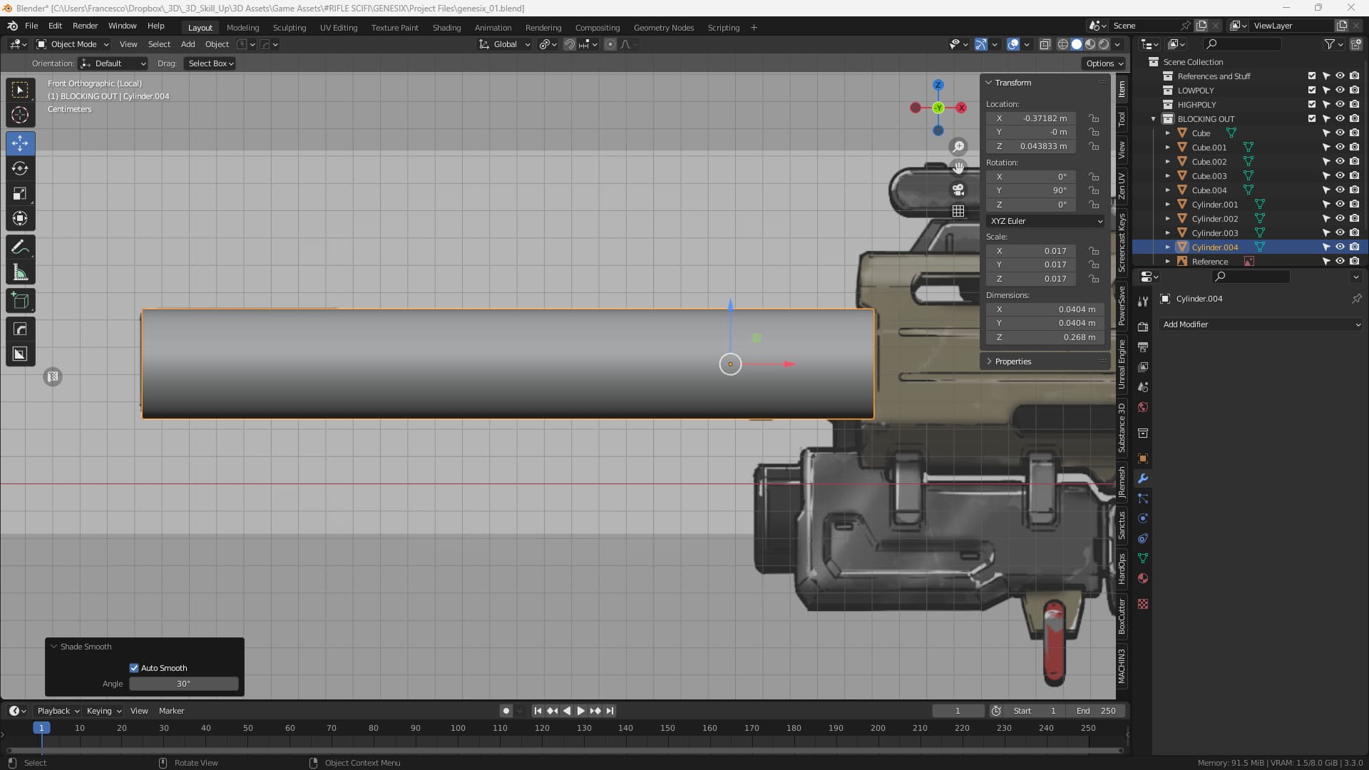 Simple cylinder in Blender as the starting point for the blocking out phase of a sci-fi rifle barrel