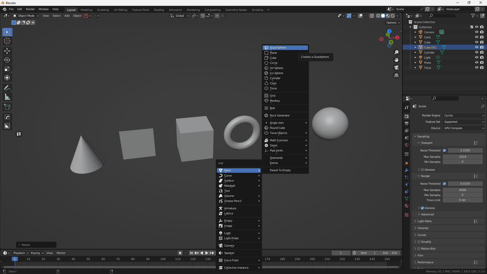Blender 3D viewport featuring common primitive shapes added to the scene for 3D modeling