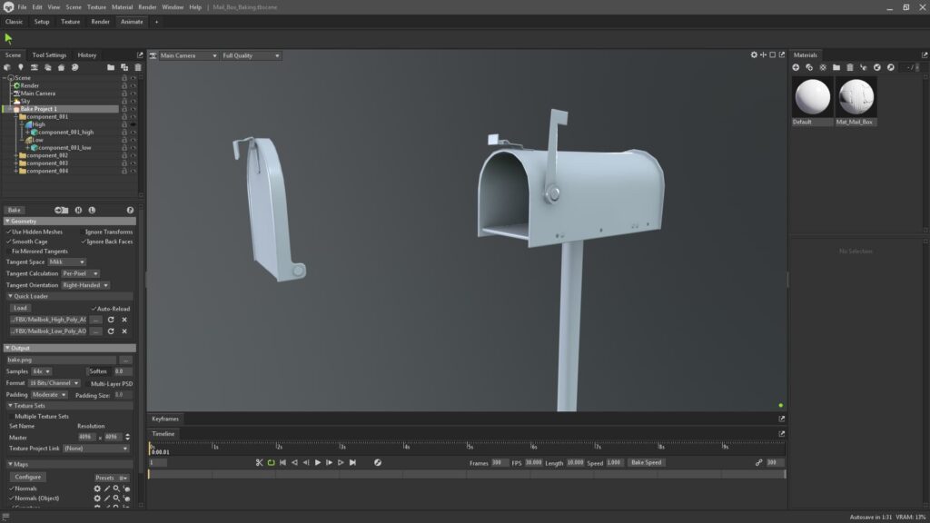 American Style Mailbox model baking process visualized in Marmoset Toolbag interface