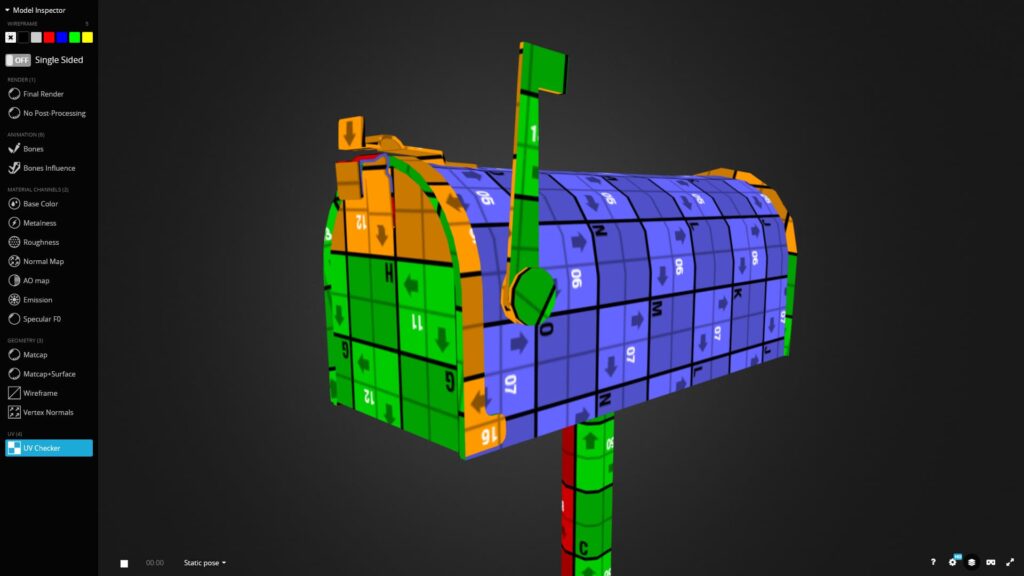 American Style Mailbox model with UVGrid Checker shown in Sketchfab interface