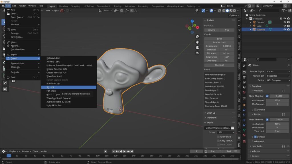 Blender interface showing a 3D model in the process of preparation for printing, with the STL export menu open.